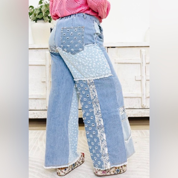 ✨NWT Pol Boho Patchwork Floral Multi-Patterned Wide Leg Lightweight Denim Pants - Picture 7 of 7